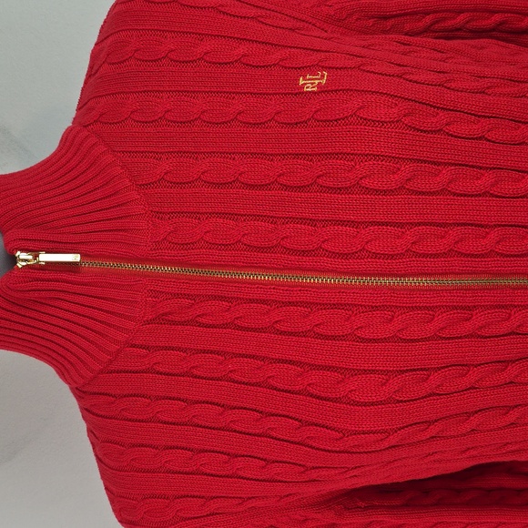 Ralph Lauren red cable knit sweater jacket gold logo size Large - Picture 7 of 8